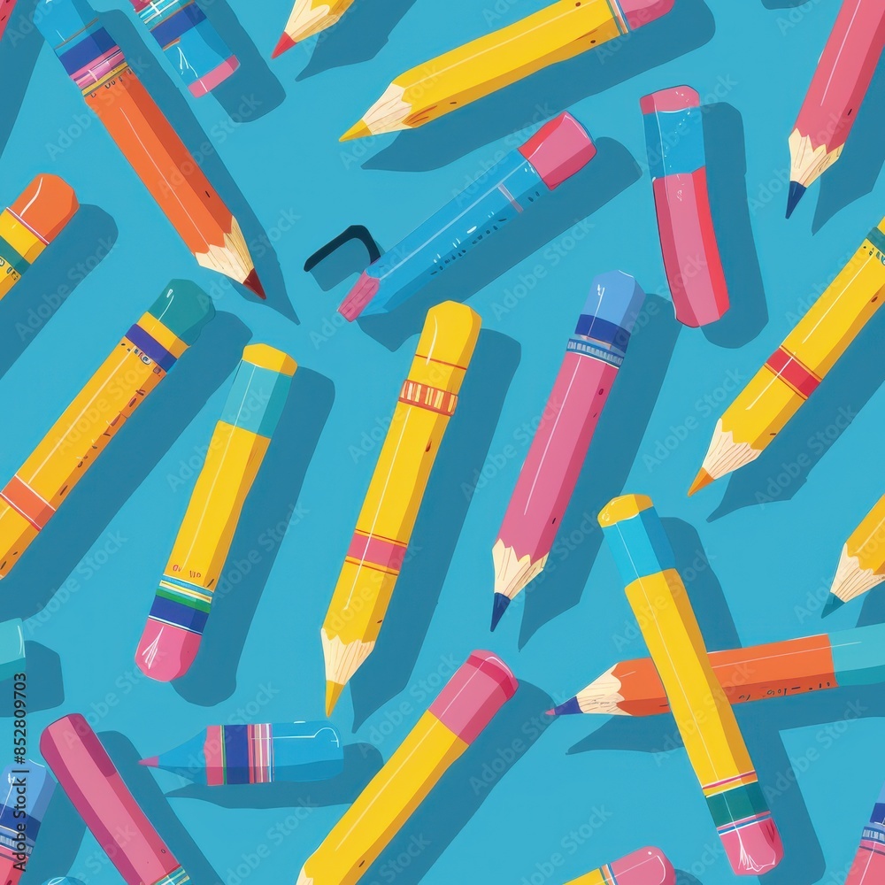Poster A blue background with a bunch of colorful pencils scattered around. The pencils are of different colors and sizes, and they are arranged in a way that creates a sense of chaos and disorder