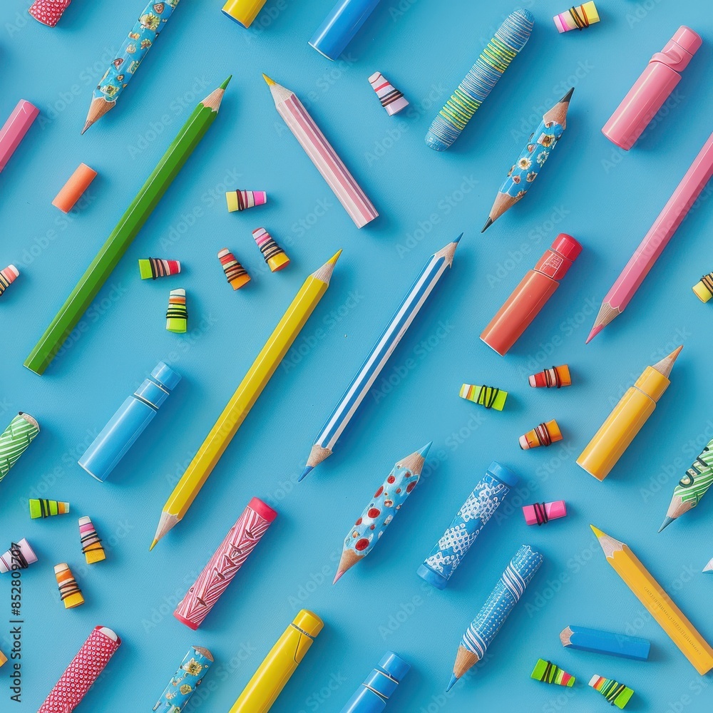 Poster a colorful array of pencils and pens are scattered across a blue background. the pencils come in var