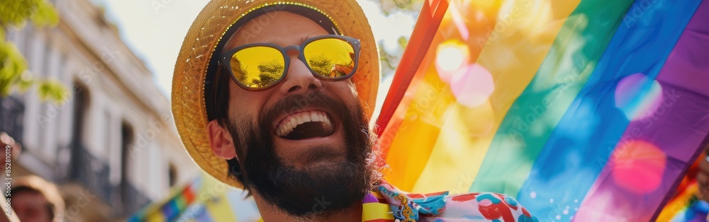 Poster a man with a mustache and sunglasses is smiling and holding a rainbow flag. concept of joy and celeb