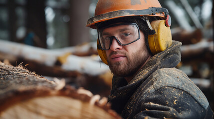 A modern sawmill worker wearing safety goggles and ear protection inspecting a log as it moves through the debarking process.