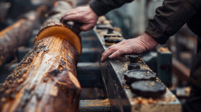 Detailed shot of a lumberjack's hands skillfully manipulating controls on heavy machinery to maneuver logs for processing at a sawmill.
