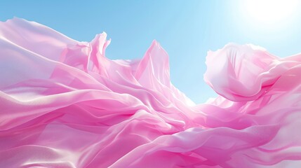 Fototapeta premium Abstract blue sky background with a sea of pink waving fabric creating a fluttering effect