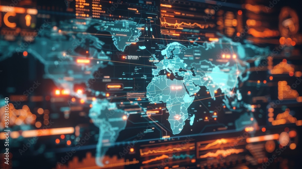 Poster a computer screen shows a map of the world with many different colored lines and dots. scene is one 