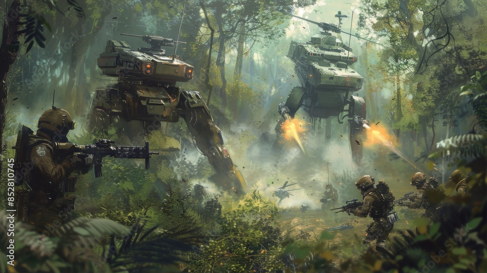 Poster a group of soldiers are fighting in a jungle with a helicopter in the background. the soldiers are a
