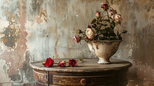 Vintage atmosphere with wilted roses in a bowl on the side table