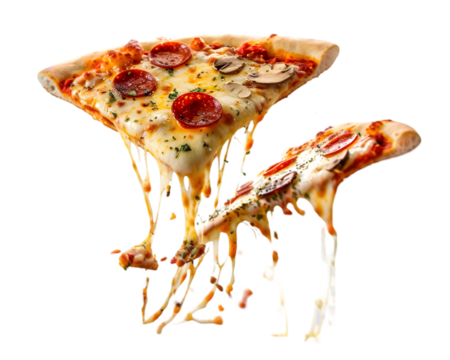 Pizza slice with splashing sauce isolated on white background