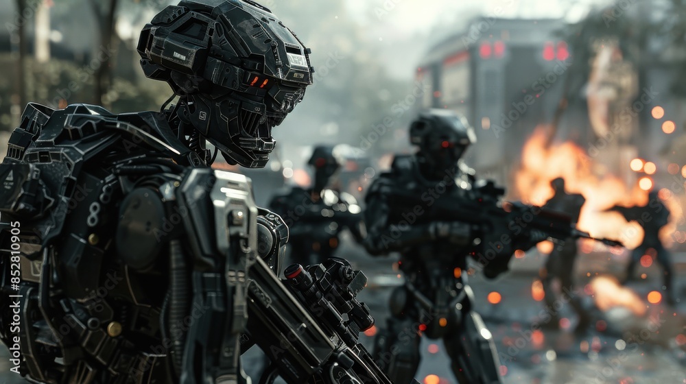 Aufkleber A group of robots are fighting in a war. The robots are black and have a futuristic look. Scene is intense and action-packed