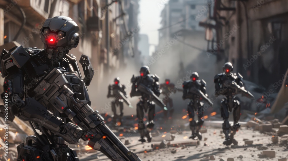 Poster a group of robots are marching through a city, with one of them holding a gun. the scene is set in a