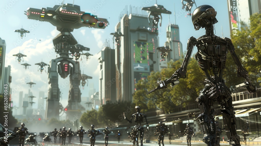 Aufkleber a group of robots are walking down a street in a futuristic city. the robots are all different sizes