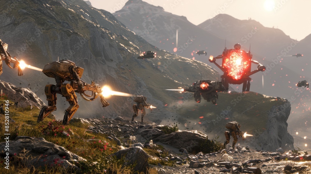 Poster A group of robots are fighting in a war. The robots are in the air and on the ground. The sky is orange and the sun is setting