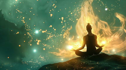 Obraz premium Silhouette of a person meditating surrounded by mystical flames and glowing particles