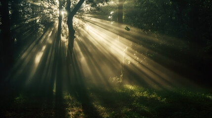 Fototapeta premium Sunrays filter through a dense forest, creating a serene and mystical atmosphere with light beams illuminating the foggy woodland undergrowth.