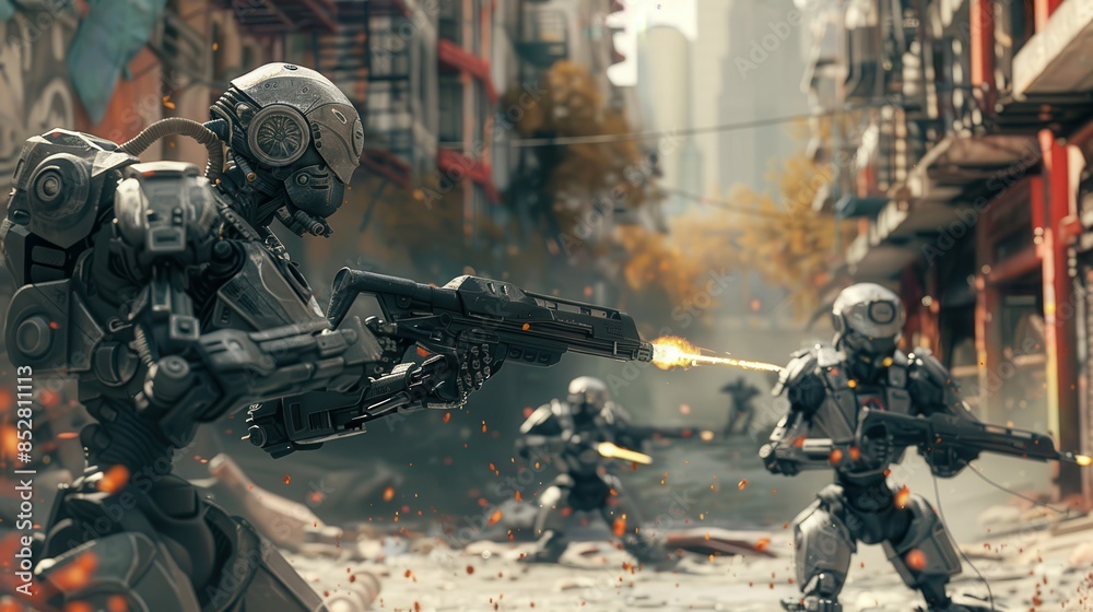 Aufkleber three robots are fighting in a war zone. one of them is holding a gun and shooting at the other two.