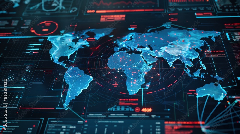 Poster a computer screen displays a map of the world with red dots on it. the map is blue and red, and it i