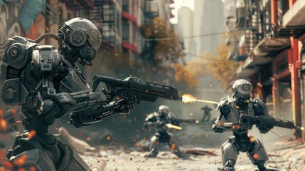 Three robots are fighting in a war zone. One of them is holding a gun and shooting at the other two. The scene is intense and chaotic, with the robots moving quickly and firing their weapons