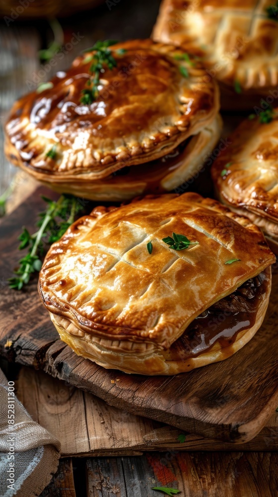 Poster three pies with herbs on top sit on a wooden table. the pies are filled with meat and have a golden 