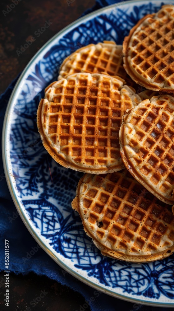 Poster a plate of waffles with a blue background. the waffles are stacked on top of each other