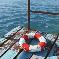 A life preserver ring laying on a weathered wooden dock by the calm blue sea on a clear day.