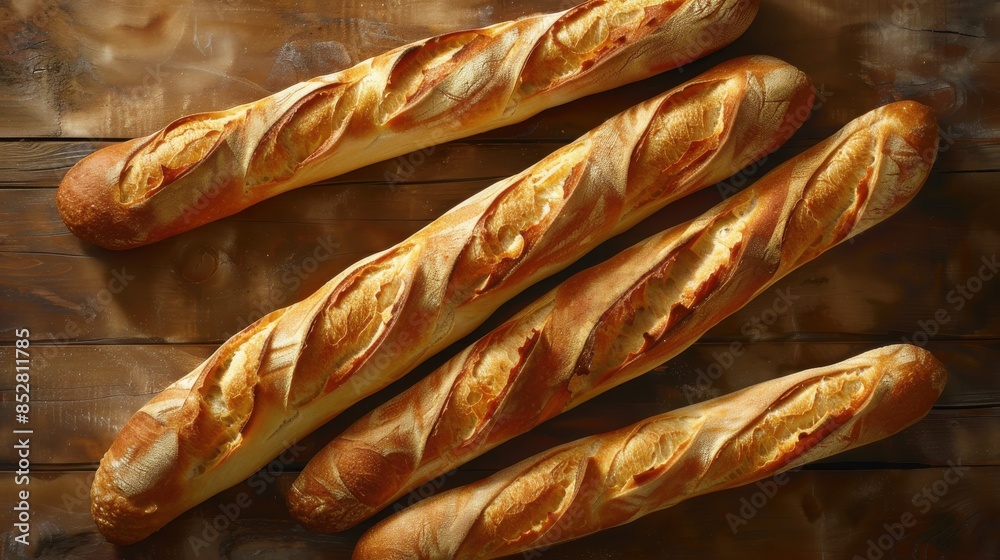 Poster four loaves of bread are sitting on a wooden table. the loaves are all different sizes and have a go