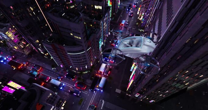 Urban Mobility Contrasts: EVTOL Flying Over Bustling City Center While Electric Cars Jammed on Roads Below