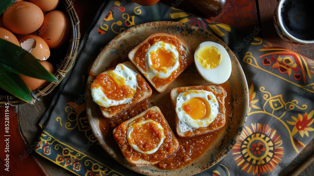 Poster a plate of four egg sandwiches with a side of eggs. the plate is on a table with a colorful tableclo
