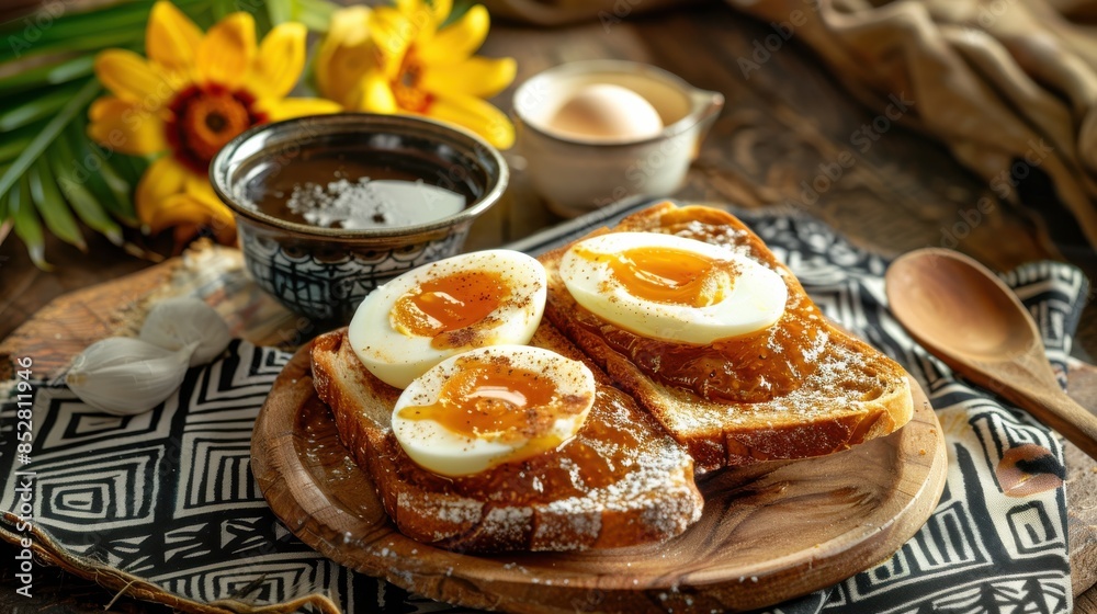 Aufkleber a plate of toast with eggs and jam sits on a wooden table. the table is covered with a colorful clot