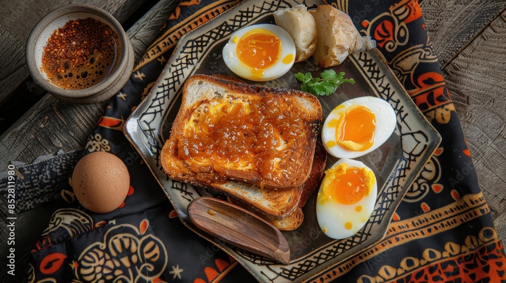 Poster a plate of toast and eggs with a wooden spoon on top. the plate is on a table with a cloth underneat