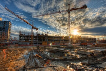 Dynamic construction site featuring multiple cranes, beautifully captured in high quality image
