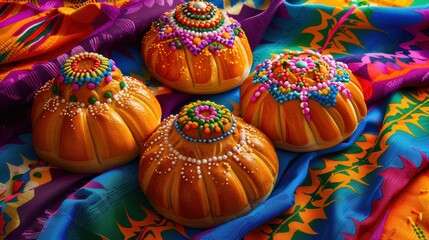 Fototapeta premium A colorful assortment of decorated pastries sit on a tablecloth. The pastries are arranged in a row, with each one having a unique design. The tablecloth is a vibrant mix of colors