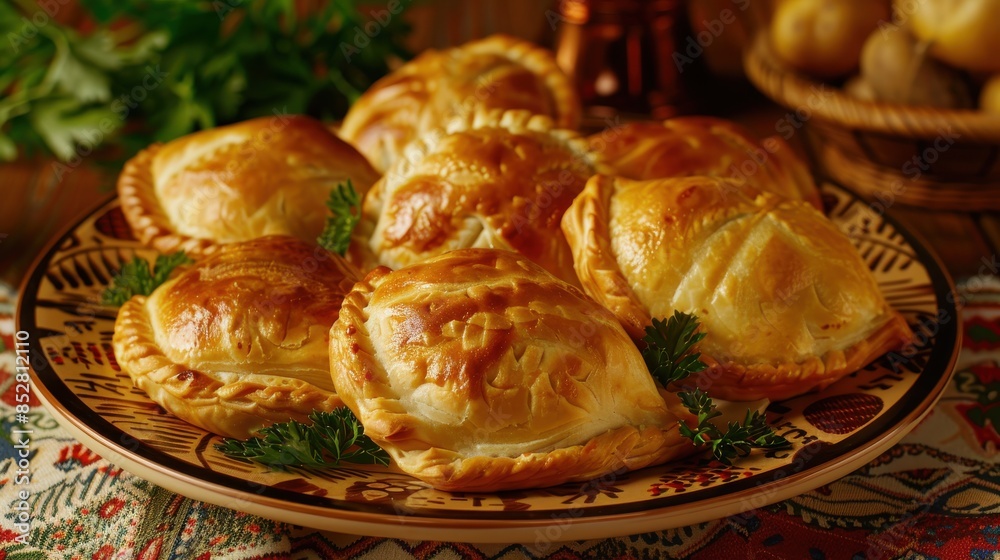 Poster a plate of pastries with parsley on top. the pastries are arranged in a neat row