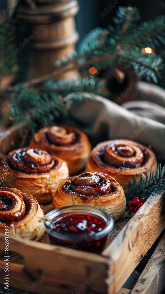 Poster a tray of cinnamon rolls with a jar of jam next to them. the tray is wooden and the cinnamon rolls a