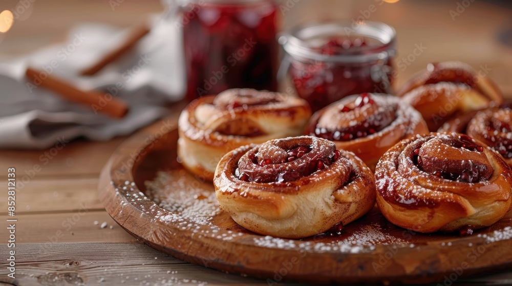 Poster a plate of cinnamon rolls with powdered sugar on top. the rolls are arranged in a circle on a wooden