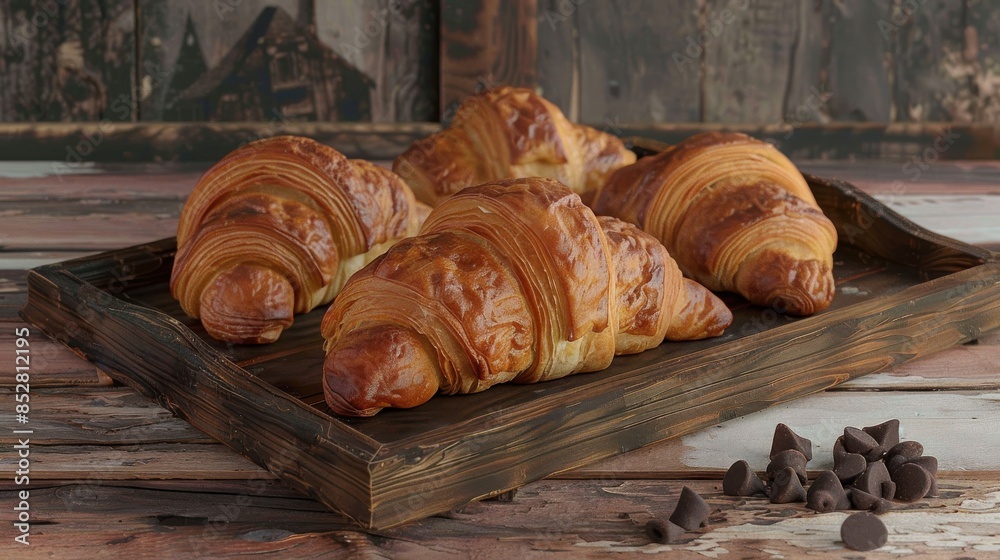 Poster a tray of croissants with chocolate chips on top. the croissants are arranged in a neat row, and the