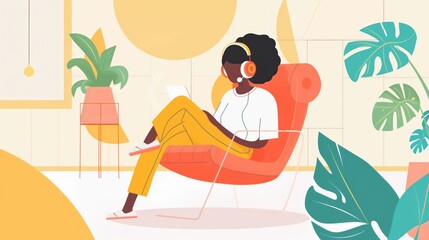 Obraz premium Illustration of a person wearing headphones and sitting in a modern chair, using a tablet in a stylish, plant-filled room.