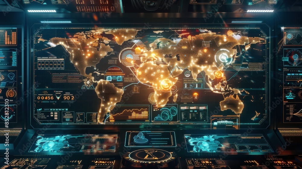 Poster a computer monitor displays a map of the world with a lot of lights on it. the map is surrounded by 