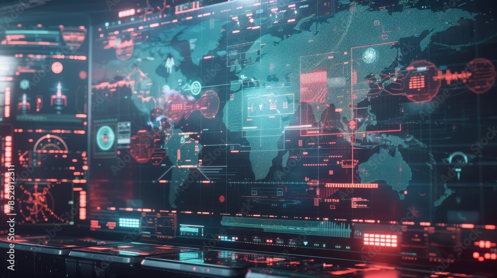 Poster a computer monitor displays a map of the world with red and green lights. the map is surrounded by v