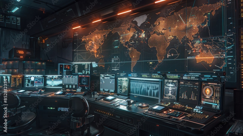 Poster a computer room with a large map of the world on the wall. the room is filled with computer monitors