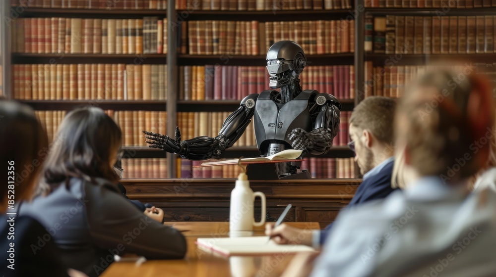 Aufkleber A robot is standing in front of a group of people in a library. The robot is talking to the people and seems to be giving a presentation