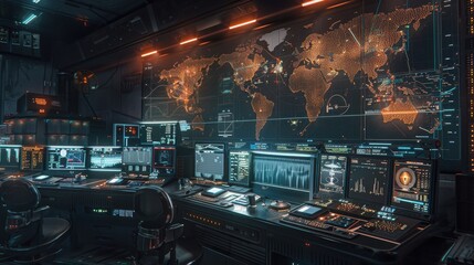 A computer room with a large map of the world on the wall. The room is filled with computer monitors and a few chairs. Scene is focused and serious