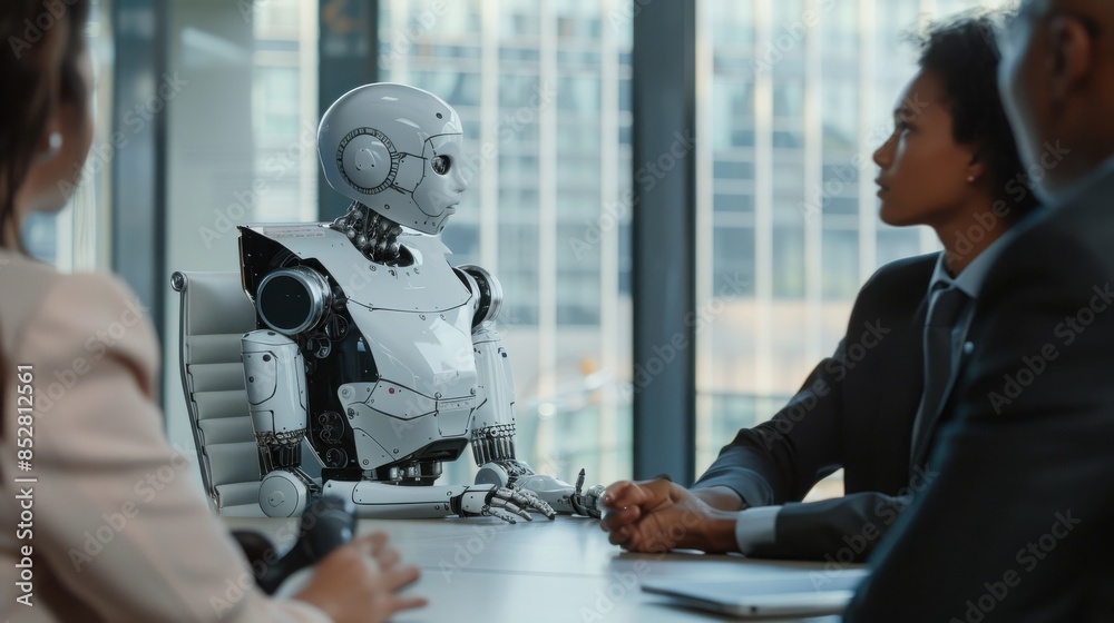 Aufkleber A robot is sitting at a table with a group of people. The robot is looking at the people and seems to be engaged in conversation
