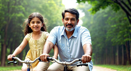 arabic ethnic father and daughter enjoying a cycle ride in the outdoor park, soft blurred, helping grown up,Concept fathers day .