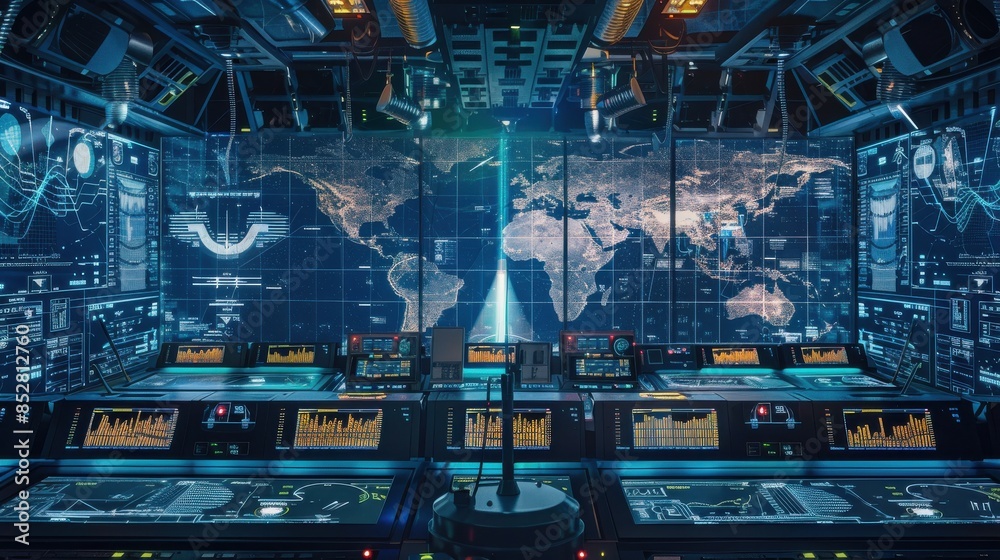 Poster a computer room with a large screen showing a map of the world. the room is filled with computer mon