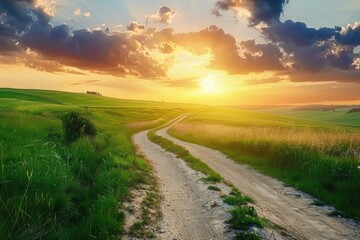 Fototapeta premium Beautiful Evening Sky Above Rural Landscape With Country Road
