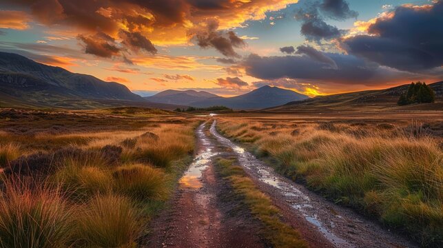 Sunset over desert path in the highlands