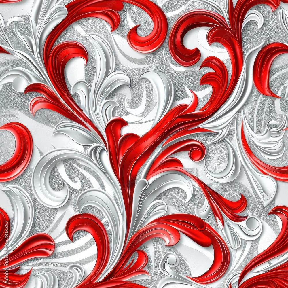 Poster an abstract, digitally created, seamless pattern featuring swirling, organic shapes in shades of red