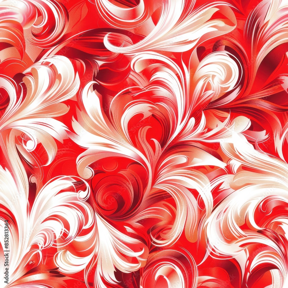 Poster a digital illustration of a red and white floral pattern. the pattern is made up of swirling leaves 
