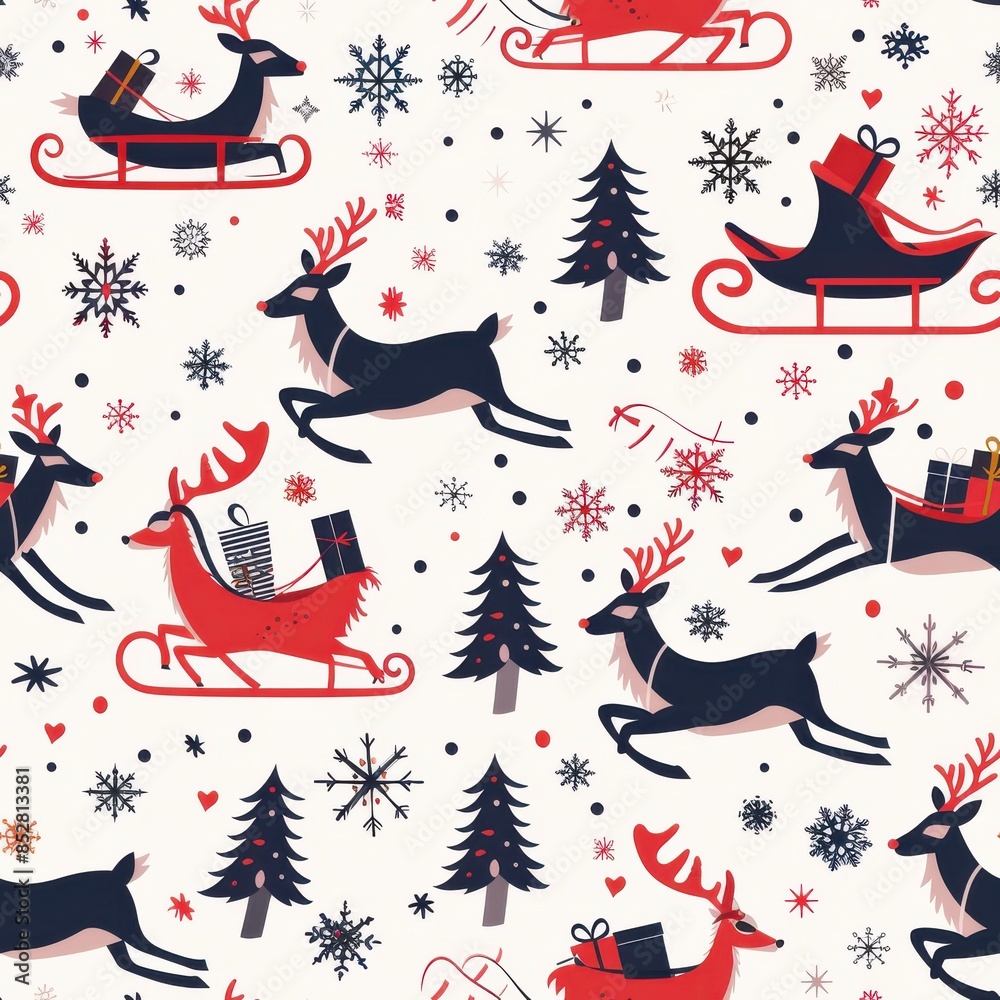 Poster a festive scene of reindeer and trees with a red and white background. the reindeer are flying throu