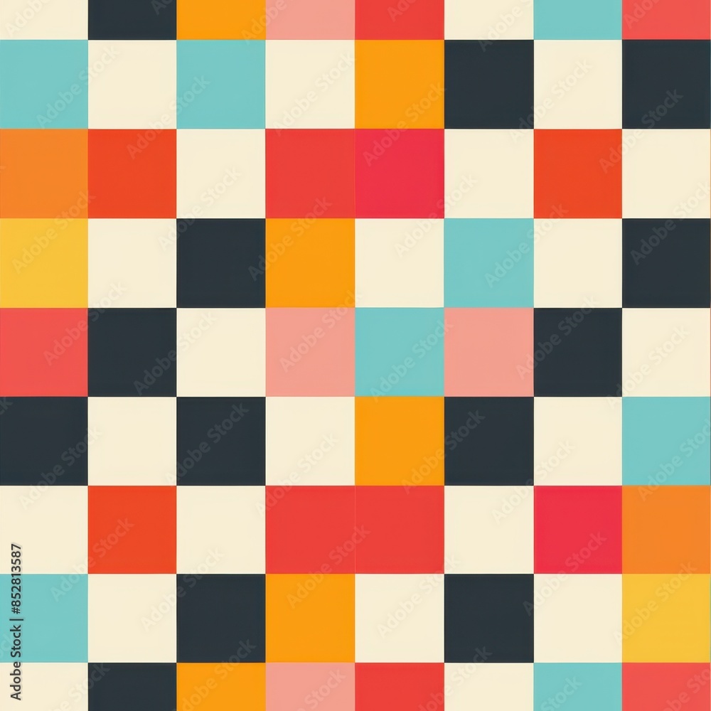 Poster A digital artwork showcasing a colorful square pattern design. The pattern features a grid of squares in various colors including blue, red, orange, yellow, pink, and black, arranged in a symmetrical 