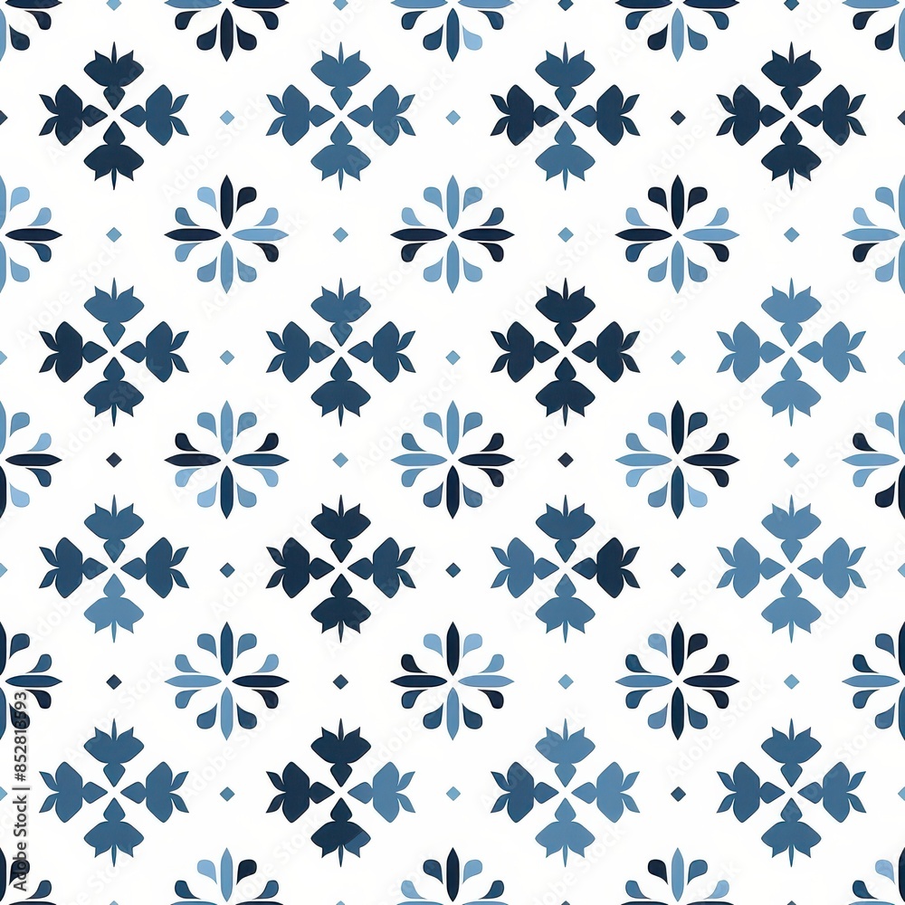 Poster This image shows a repeating pattern of blue floral designs on a white background. The design features abstract flowers with four petals, creating a symmetrical and repeating pattern. The blue color i