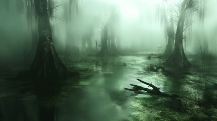 Fototapeta premium Eerie swamp landscape shrouded in fog, with bare trees and murky water creating a mysterious, foreboding atmosphere.